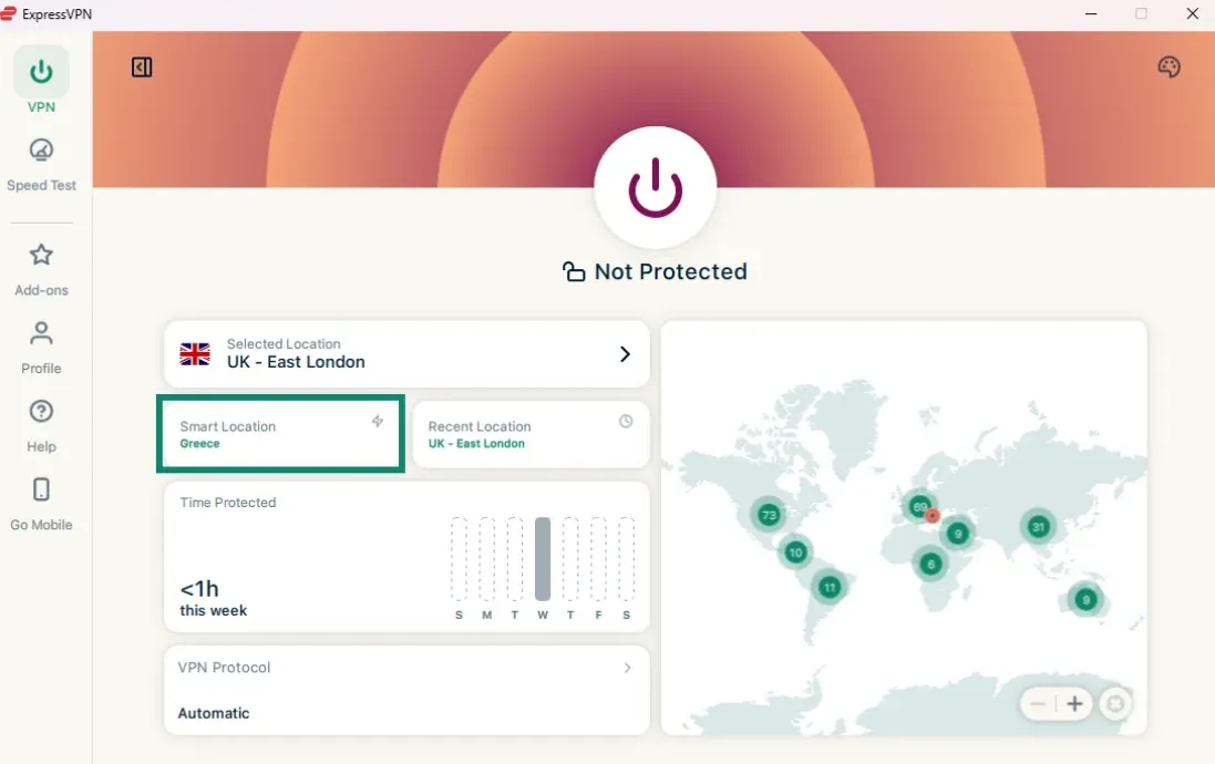 ExpressVPN Desktop Application Interface and Quick Connect Button
