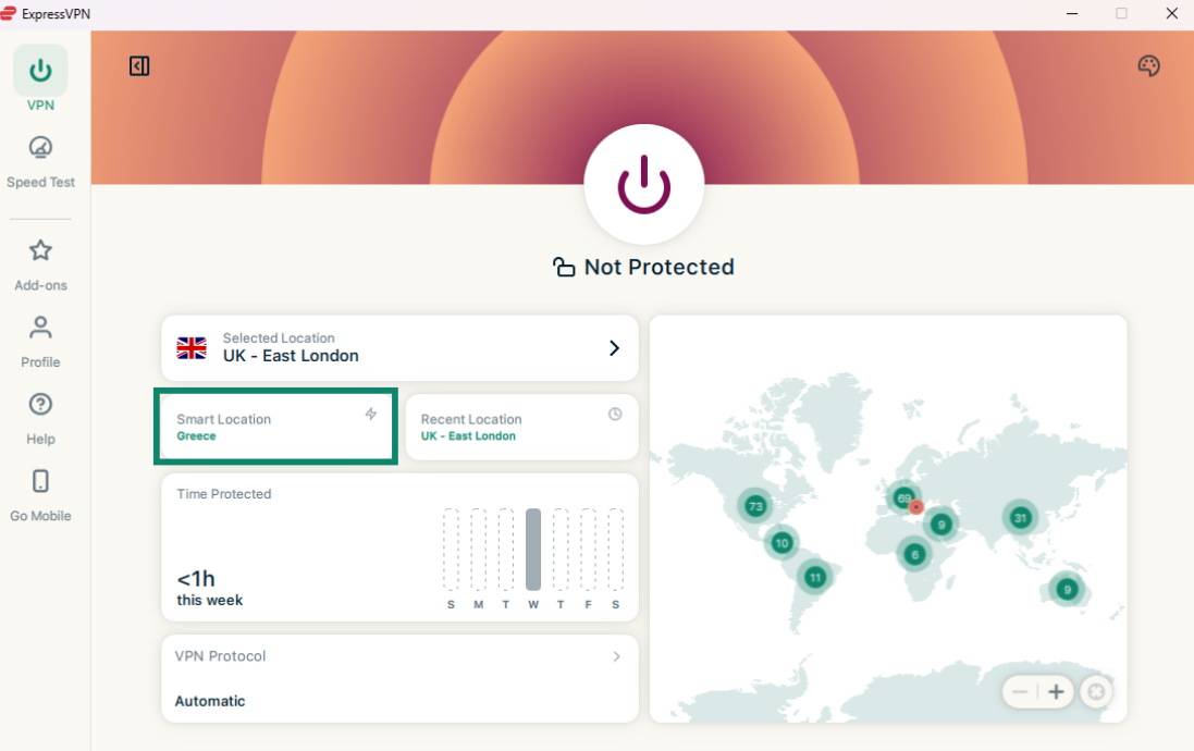ExpressVPN Desktop Application Interface and Quick Connect Button