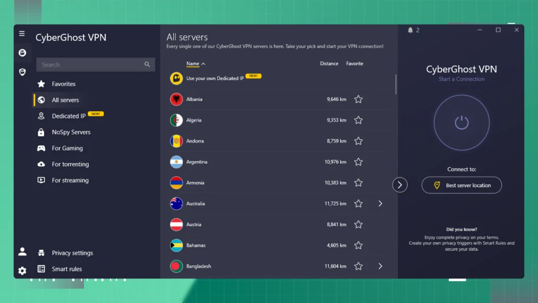 CyberGhost VPN desktop app interface with server categories for streaming and torrenting