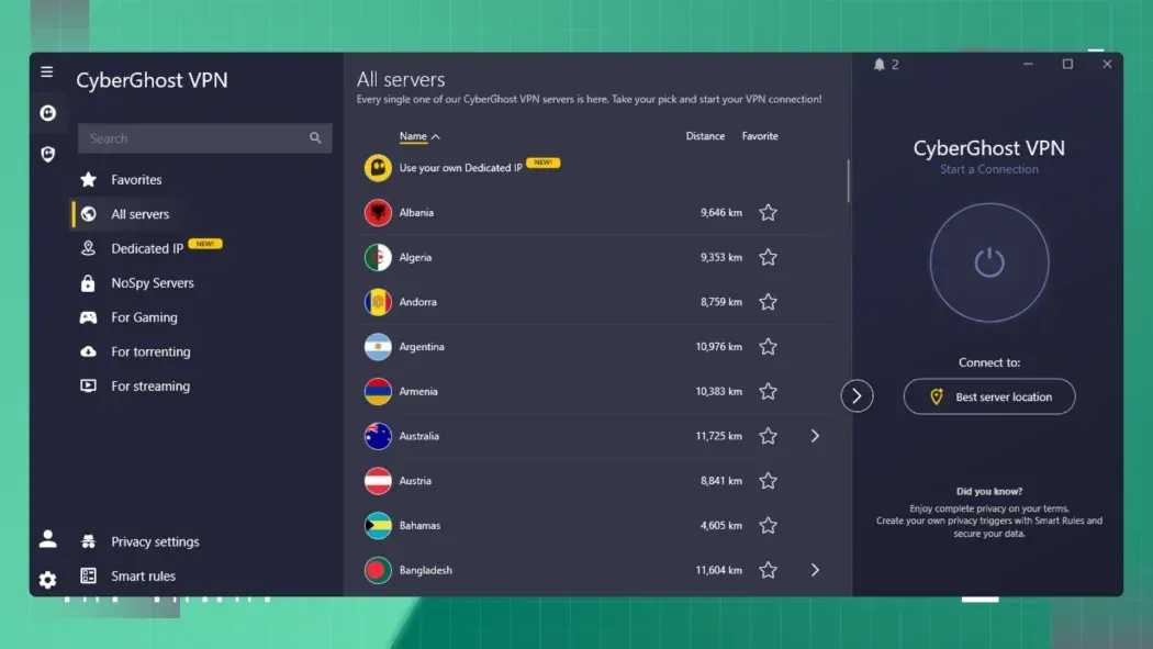 CyberGhost VPN desktop app interface with server categories for streaming and torrenting
