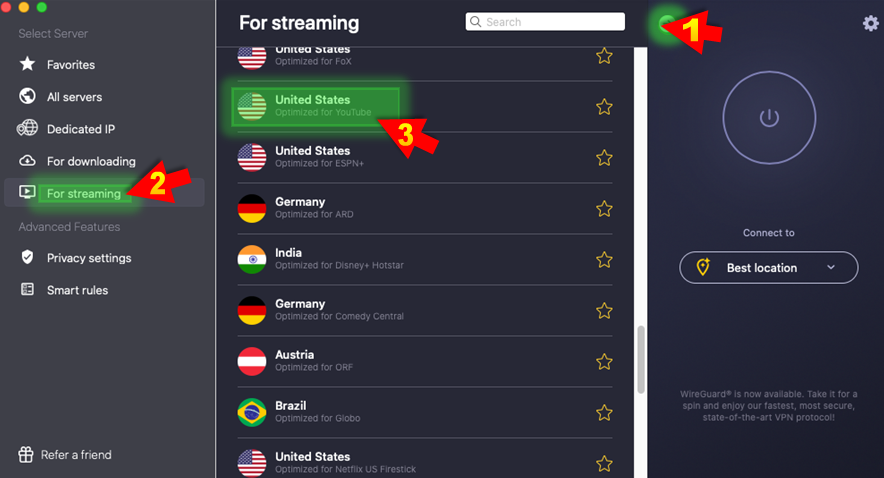 CyberGhost VPN streaming-optimized servers labeled by platform such as Netflix and Disney Plus