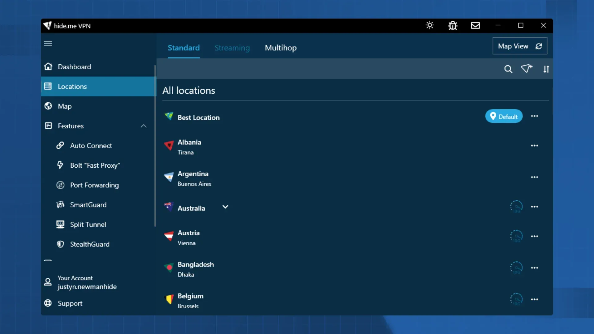 Hide.me VPN desktop app interface showing the connection screen and server list