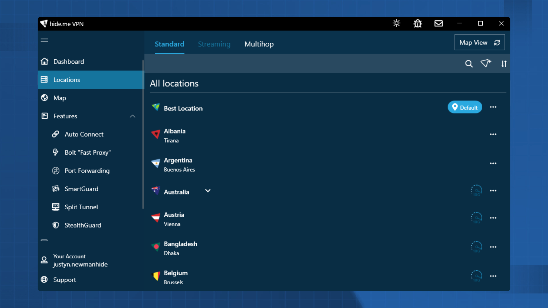 Hide.me VPN desktop app interface showing the connection screen and server list