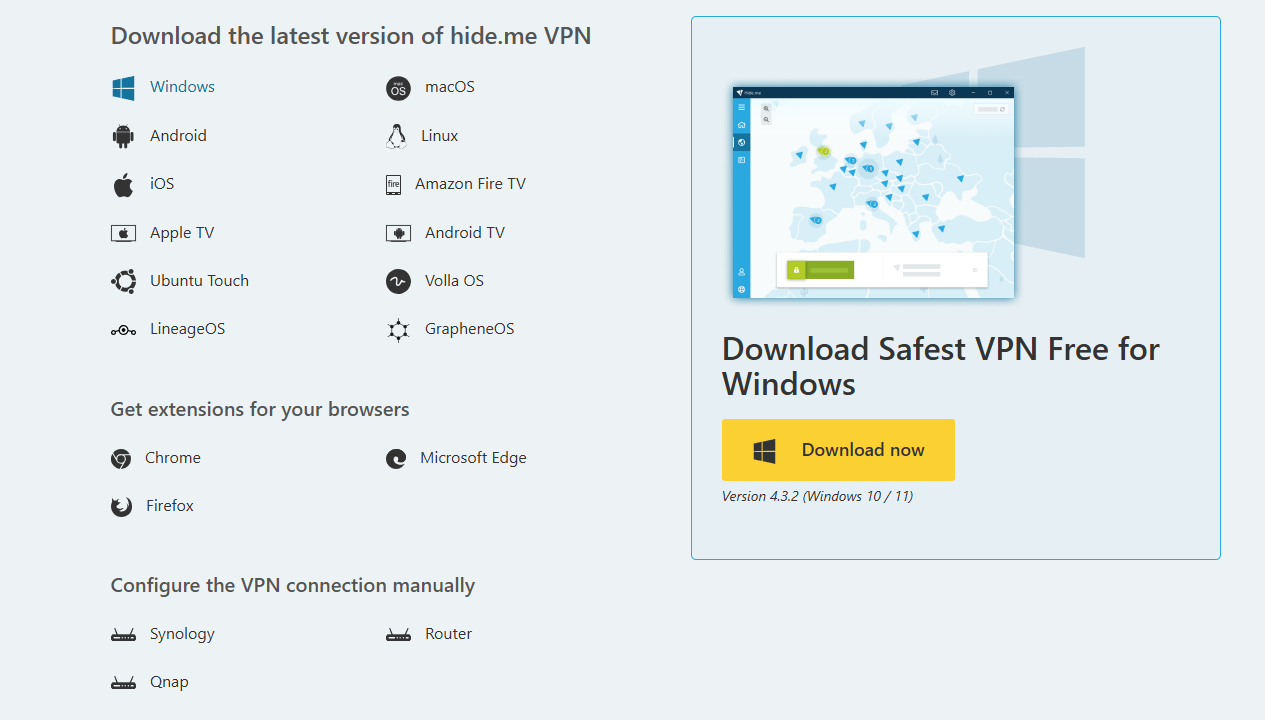 Hide.me VPN free plan showing unlimited data and available free server locations