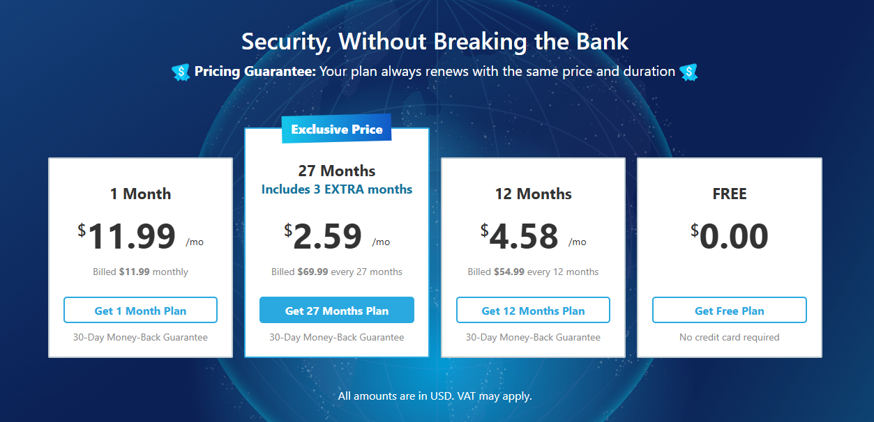 Hide.me VPN pricing plans including the free tier, monthly plan, and long-term subscription