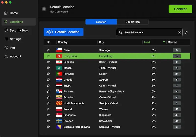 IPVanish VPN desktop app interface with its map and connection graphs