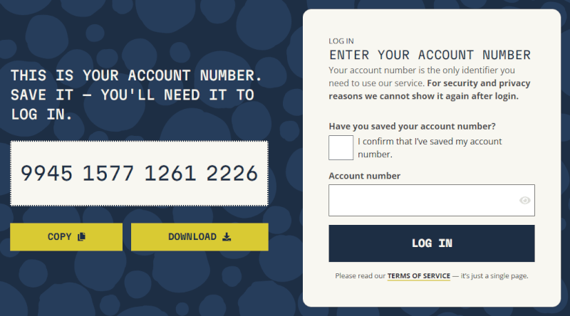 Mullvad VPN anonymous account-number login screen