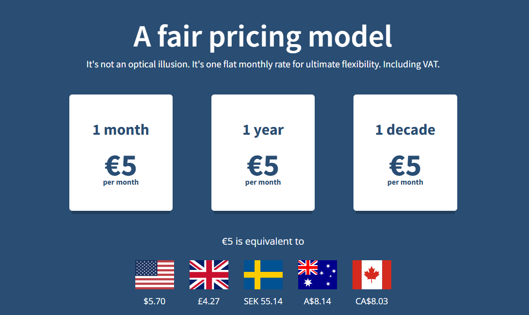 Mullvad VPN flat-rate pricing page showing the single monthly price