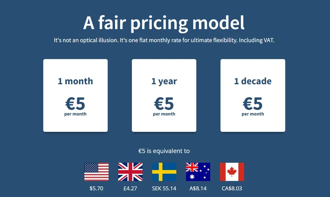 Mullvad VPN flat-rate pricing page showing the single monthly price