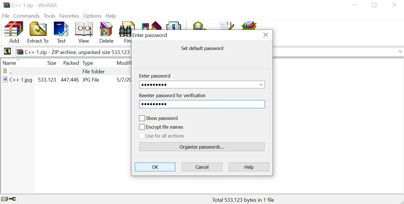 WinRAR Set Password Encryption Options Window