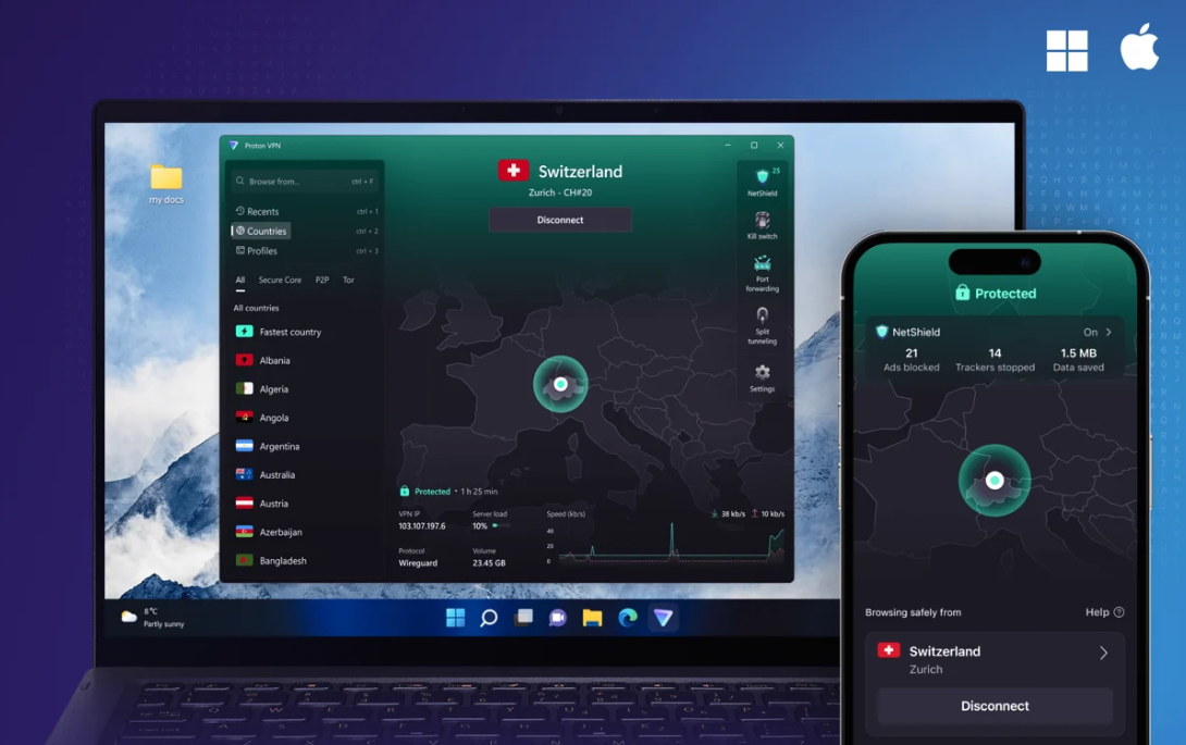Proton VPN Windows Desktop App Interface featuring the Interactive World Map and Secure Core Toggle