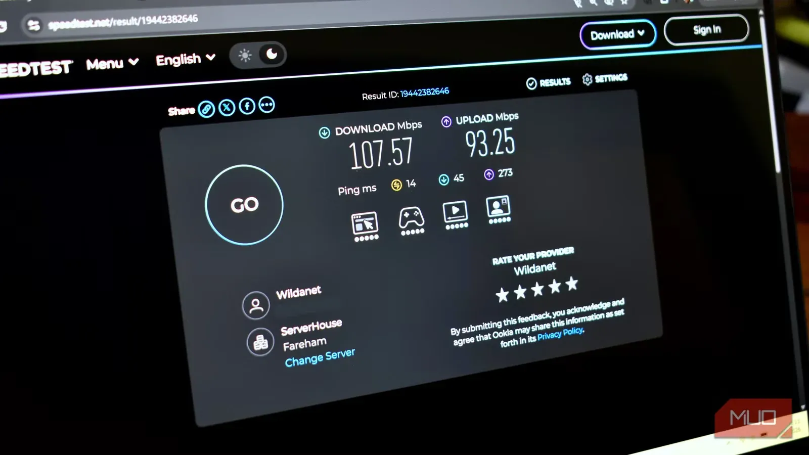 Proton VPN speed test on a WireGuard connection