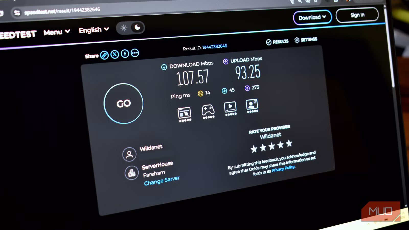 Proton VPN speed test on a WireGuard connection