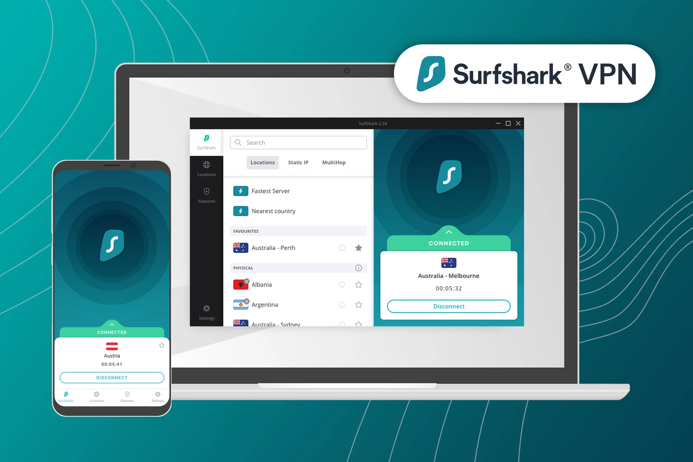 Surfshark VPN desktop app interface showing the server list and security features