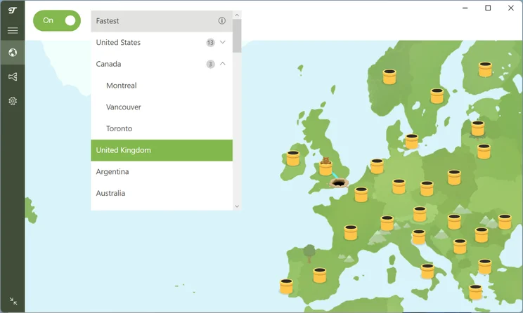 TunnelBear VPN app interface with its illustrated world map and connection controls