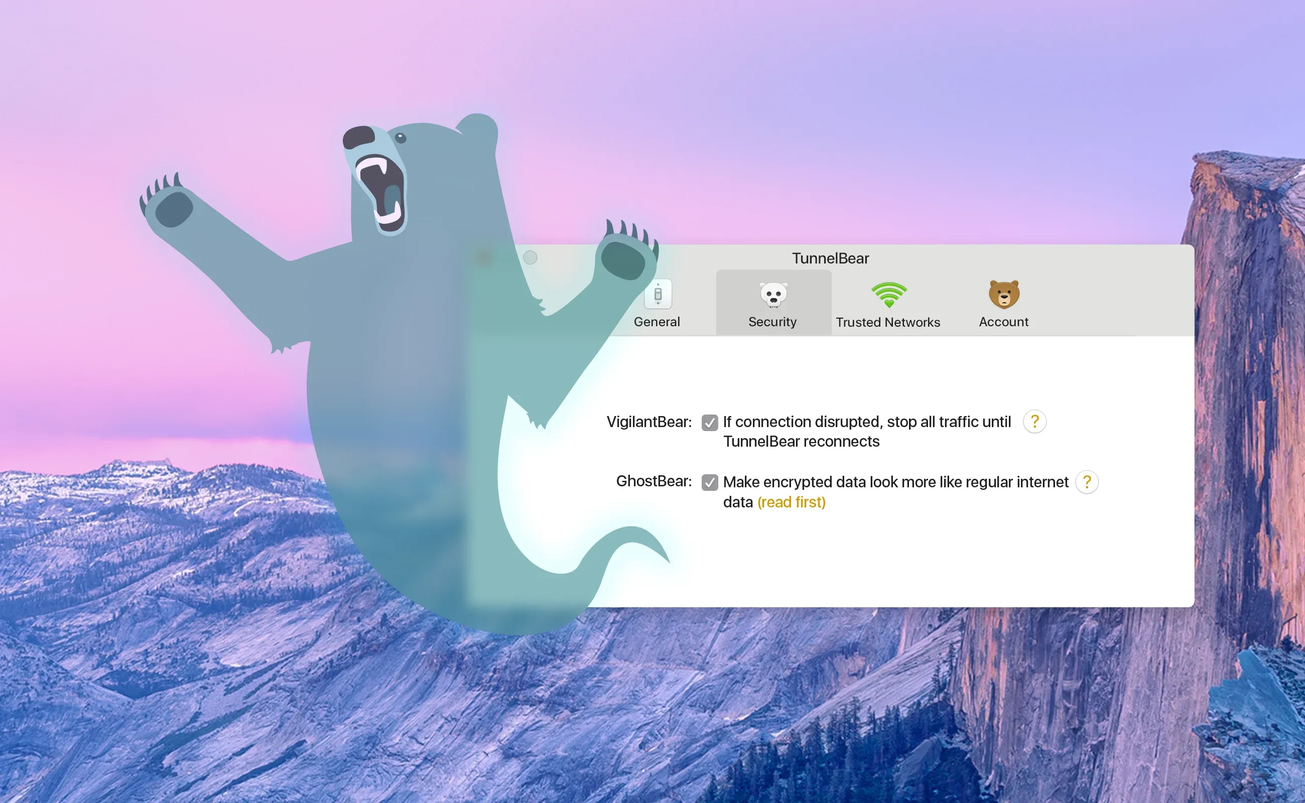 TunnelBear GhostBear obfuscation setting in the app's options menu