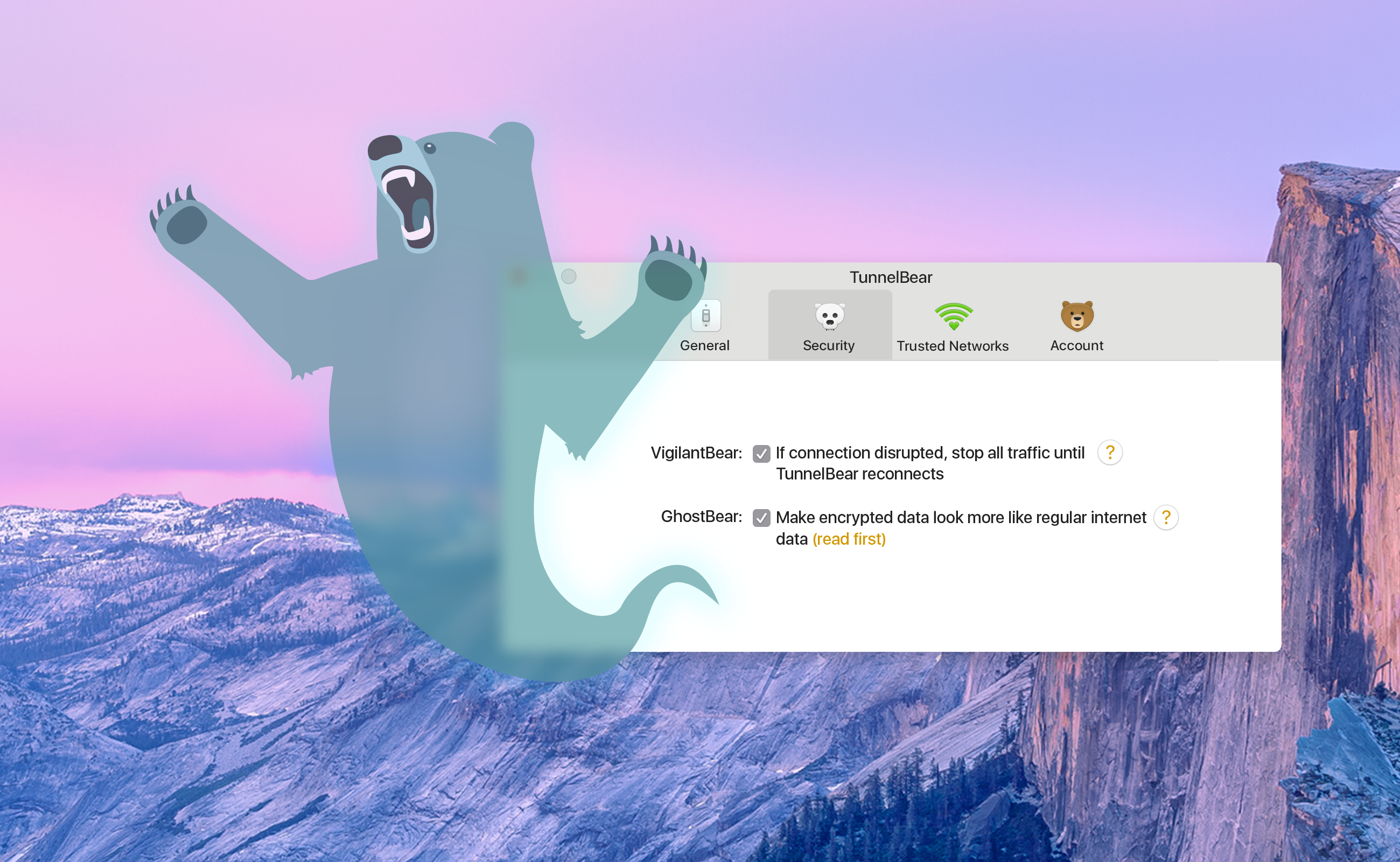 TunnelBear GhostBear obfuscation setting in the app's options menu