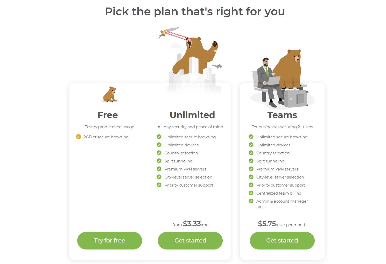 TunnelBear VPN pricing plans including the free tier and Unlimited subscription