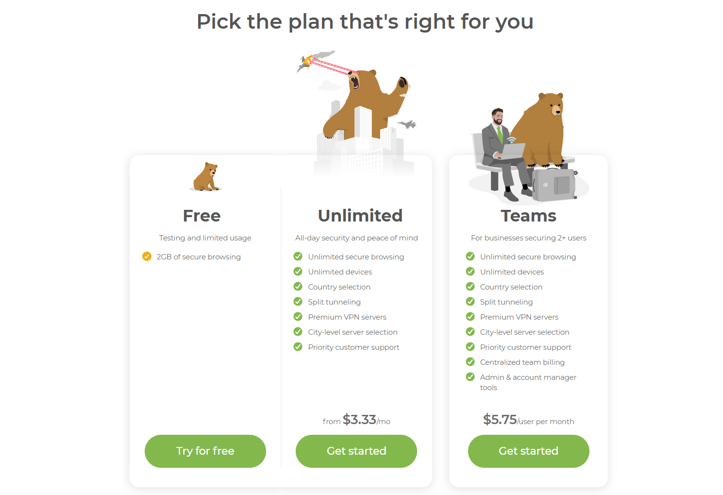 TunnelBear VPN pricing plans including the free tier and Unlimited subscription