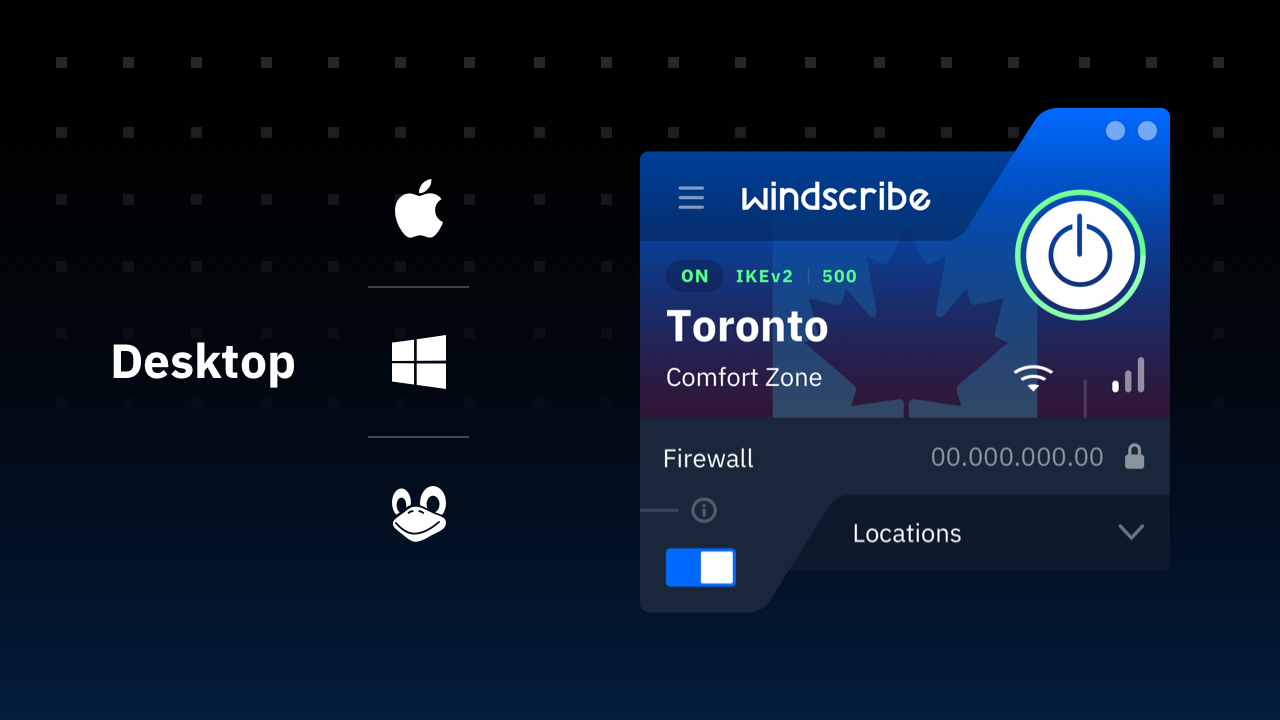 Windscribe VPN desktop app interface showing the server list and connection controls