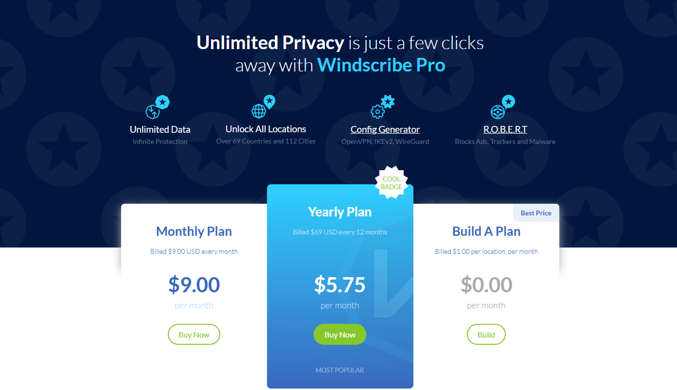 Windscribe VPN pricing plans including the free tier, Pro plan, and Build-a-Plan option
